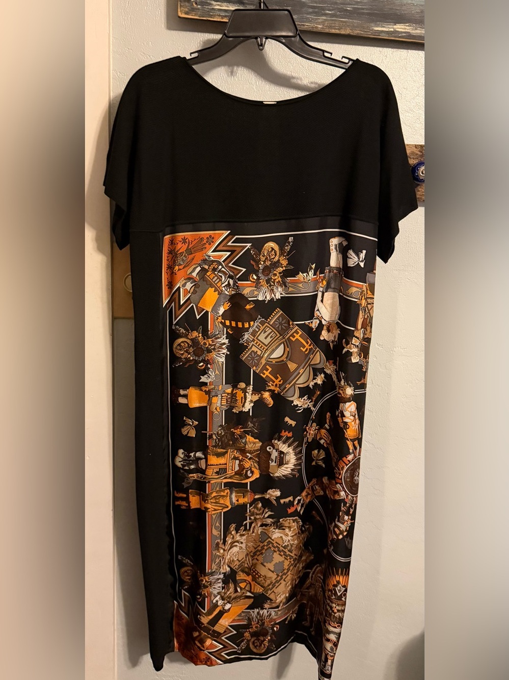 Vintage Hermes Black Dress with Silk Scarf Graphic Panel